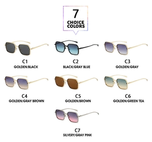 Vue détaillée présentant sept coloris différents pour ces lunettes de soleil carrées