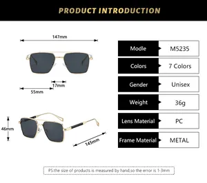 Size chart showing metal sunglasses dimensions and technical specifications of Model M5235