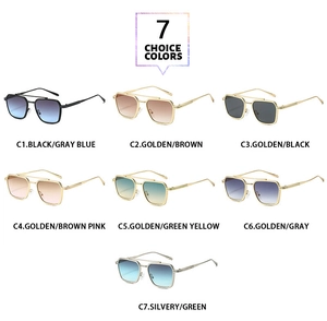 Collage of square metal aviator sunglasses in seven different frame and lens colors