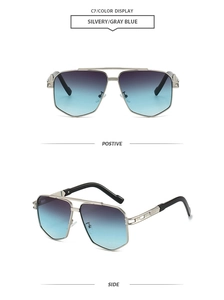 Detail of silver double-bridge metal sunglasses with blue-grey gradient hexagonal lenses