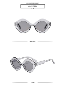 Detail view of irregular grey geometric sunglasses with wave-edge transparent frames