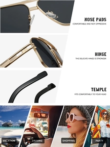 Detail view of gold metal double bridge sunglasses with soft nose pads and durable hinges