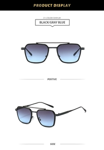 Detail of square pilot sunglasses with black metal double bridge and gradient lenses