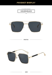 Front and side views of gold metal double-bridge sunglasses with black square lenses
