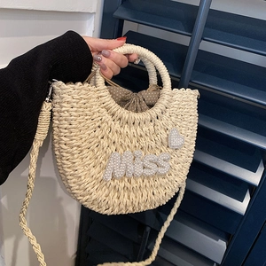 Sac À Main En Paille Tissé À La Main Femmes Rétro Demi Cercle Künstliche Perle Miss Lettre Coeur Décor Bohème Plage Vacances Sac À Épaule