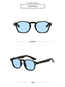 Détails de lunettes de soleil vintage noires avec verres bleus et rivets dorés