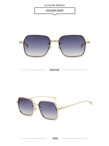 Détail de lunettes de soleil carrées en métal avec monture dorée et verres dégradés