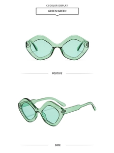Detail of trendy polygonal sunglasses with transparent green frames and matching lenses