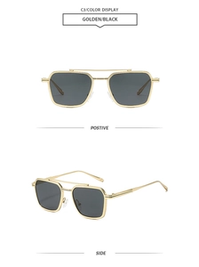 Detail view of gold metal double bridge aviator sunglasses with black lenses
