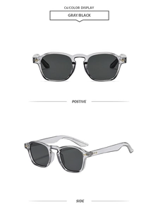 Vues de face et de côté de lunettes de soleil carrées gris transparent avec verres foncés