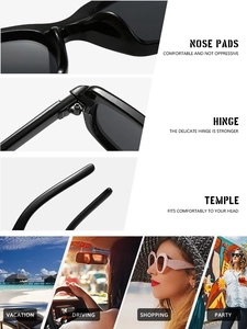 Detail view of square frame sunglasses featuring reinforced hinges and ergonomic temples