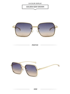 Détail de lunettes de soleil carrées en métal doré avec verres dégradés sous deux angles