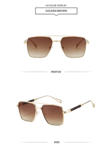 Detail of golden double-bridge aviator sunglasses with brown gradient lenses and tortoise temples