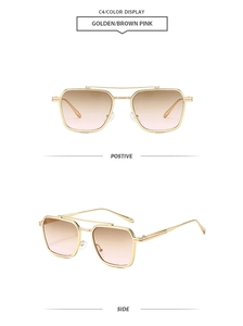 Detailed view of metal double bridge sunglasses with brown-pink gradient lenses