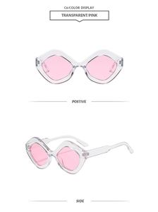 Detail view showing transparent geometric frames and pink lenses from front and side angles