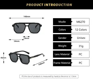 Detailed product size chart and specifications for classic double-bridge pilot sunglasses