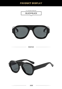 Front and side views of chunky black oversized aviator sunglasses with thick frames