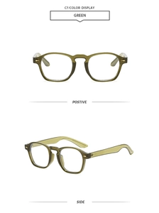 Vue détaillée de lunettes de soleil carrées vert olive montrant les rivets métalliques