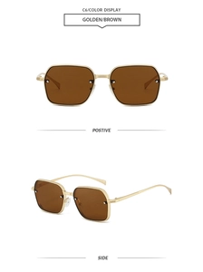 Vues de face et de côté de lunettes de soleil carrées en métal doré avec verres marron