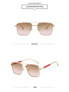 Detailed front and side views of gold metal double bridge sunglasses with gradient lenses