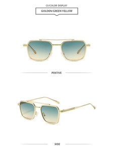 Dual-beam metal aviator sunglasses with green and yellow gradient lenses in front and side views