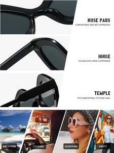 Detailed views showing reinforced hinges and comfortable nose pads on black oversized sunglasses