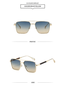 Detail view of gold double-bridge square sunglasses with blue yellow gradient lenses