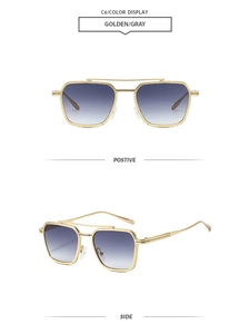 Detail view of golden metal double bridge aviator sunglasses with gradient grey lenses