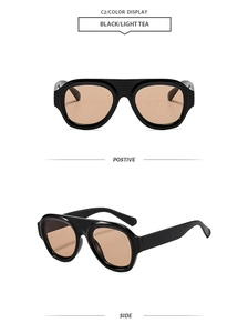 Retro thick-frame sunglasses in black with light tea lenses shown in front and side views