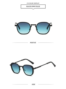 Details von kleiner polygonaler Metallsonnenbrille mit schwarzem Rahmen und Verlaufsgläsern