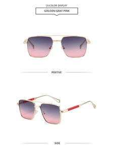 Detail view of aviator square sunglasses with gold metal frame and gray pink lenses