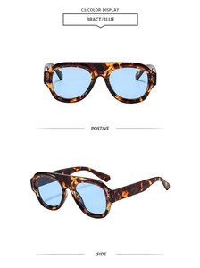 Detail view of tortoiseshell aviator frames with blue lenses from front and side angles