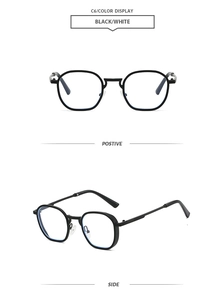 Detailierte Front- und Seitenansicht der schwarzen Polygon-Sonnenbrille mit Metallsteg