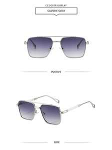 Close-up of silver metal double bridge sunglasses with gray gradient square lenses
