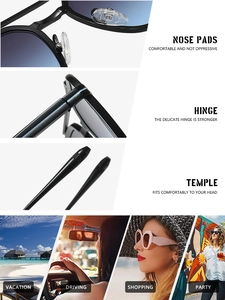 Detail view of double bridge aviator sunglasses with nose pads, hinges and usage scenes
