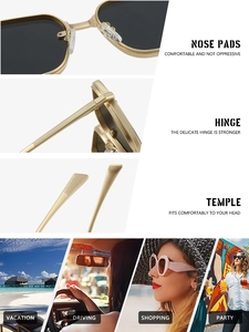 Détails de lunettes de soleil carrées en métal doré avec charnières et plaquettes de nez