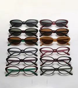 Detailed grid of cat eye sunglasses showing twelve stylish colors and frame finishes