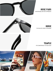 Vue détaillée des lunettes de soleil carrées montrant les plaquettes et les charnières