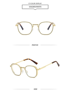 Detailansicht der goldenen polygonalen Metall-Sonnenbrille mit stilvollen weißen Akzenten