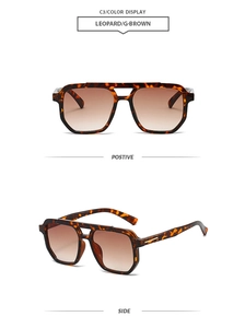 Detail view of retro double bridge aviator sunglasses in leopard print with gradient lenses