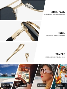 Detailed close-up of gold metal sunglasses frame parts and outdoor lifestyle scenes