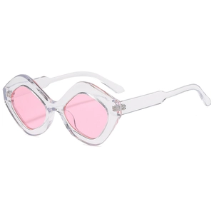 Fashionable oversized geometric sunglasses with transparent resin frame and pink lenses