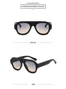 Front and side views of matte black oversized sunglasses with blue-yellow gradient lenses