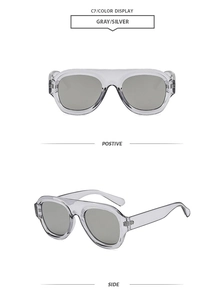 Detailed side and front view of gray oversized aviator sunglasses with silver accents