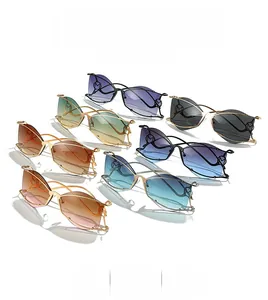 Symmetric display of rimless butterfly sunglasses with M-letter metal detail in various colors