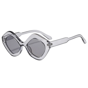 Fashionable oversized polygonal sunglasses with transparent grey frames and dark lenses