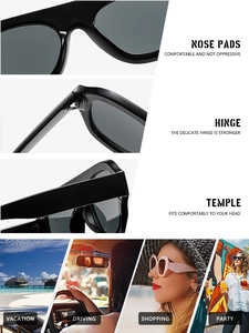Detail view of large black frame sunglasses showing nose pads, hinges and temples