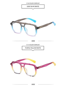 Close-up of double-bridge aviator sunglasses frames in gray blue and purple yellow gradients