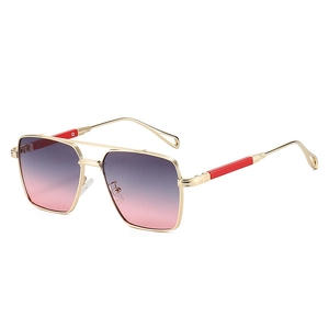 Fashionable oversized square metal double-bridge sunglasses with blue-pink gradient lenses