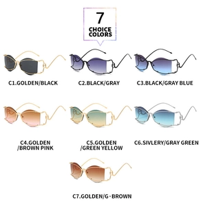 Collection of seven colorful rimless sunglasses with metal frames and M-letter lenses